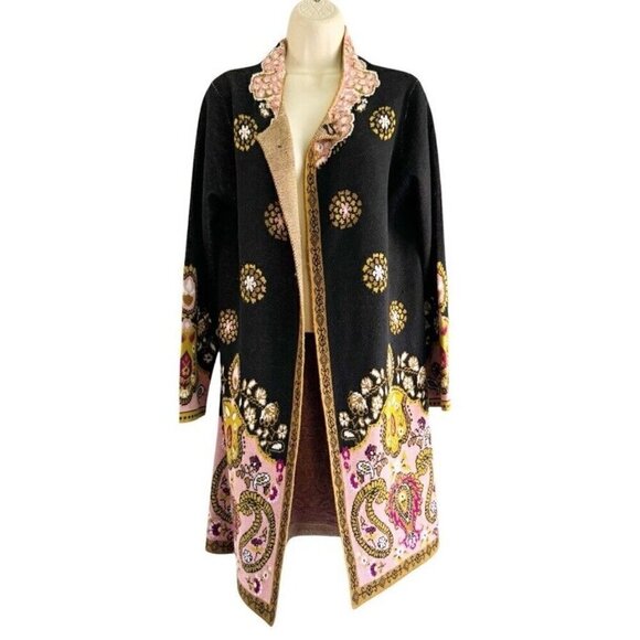 Max Sport Sweaters - Max Sport Woman's Sz M Black Pink Gold Paisley Floral Long Duster Cardigan